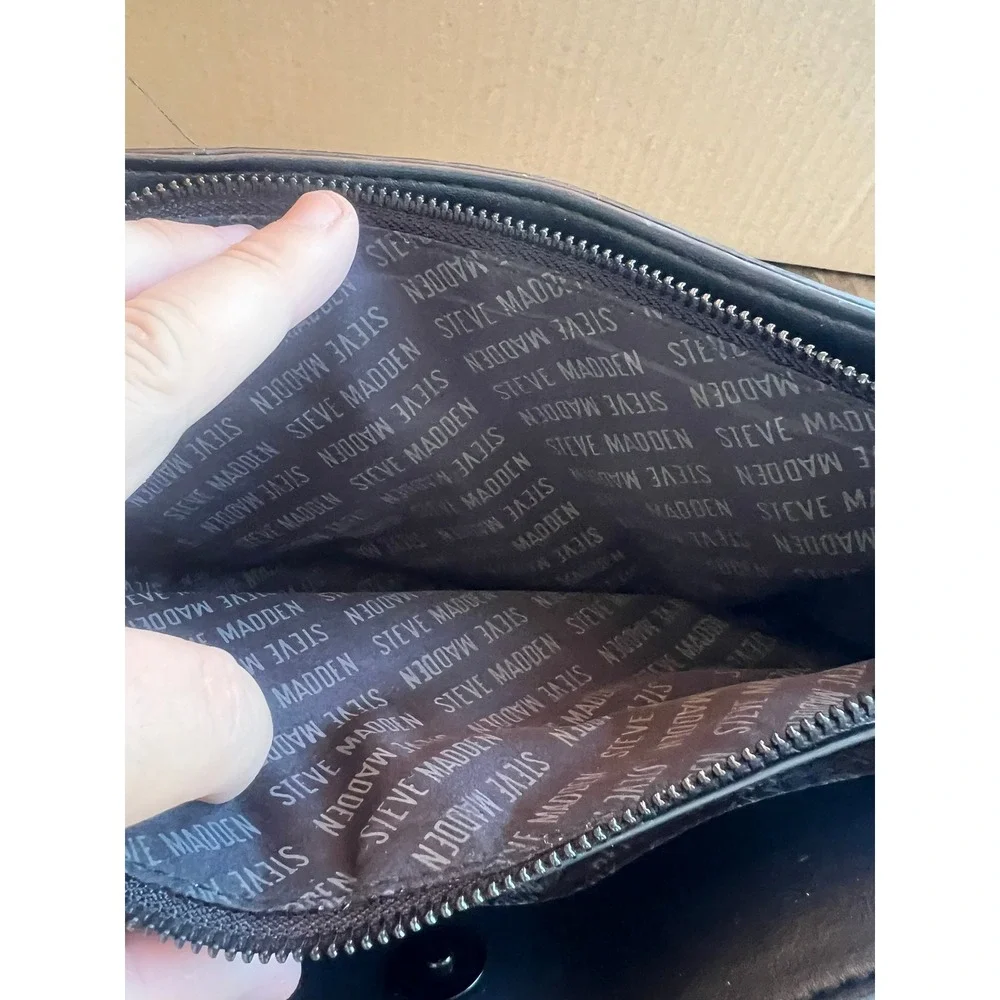 Steve Madden Black Embossed Logo‎ Satchel Crossbody Bag Handbag Webbing Strap